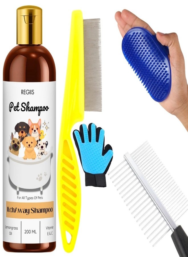 مجموعة شامبو ريجيس للحيوانات الأليفة مع فرش للتنظيف، وقفاز أزرق لإزالة الشعر الزائد، ومشط أصفر، مجموعة أدوات احترافية للعناية بالكلاب، 200 مل (عبوة من 5 قطع) - Image 1